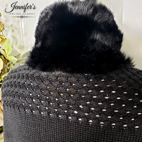 Essentiel Antwerp Black Wool Cable Knit Faux Mink Trimmed Cardigan - Picture 9 of 13